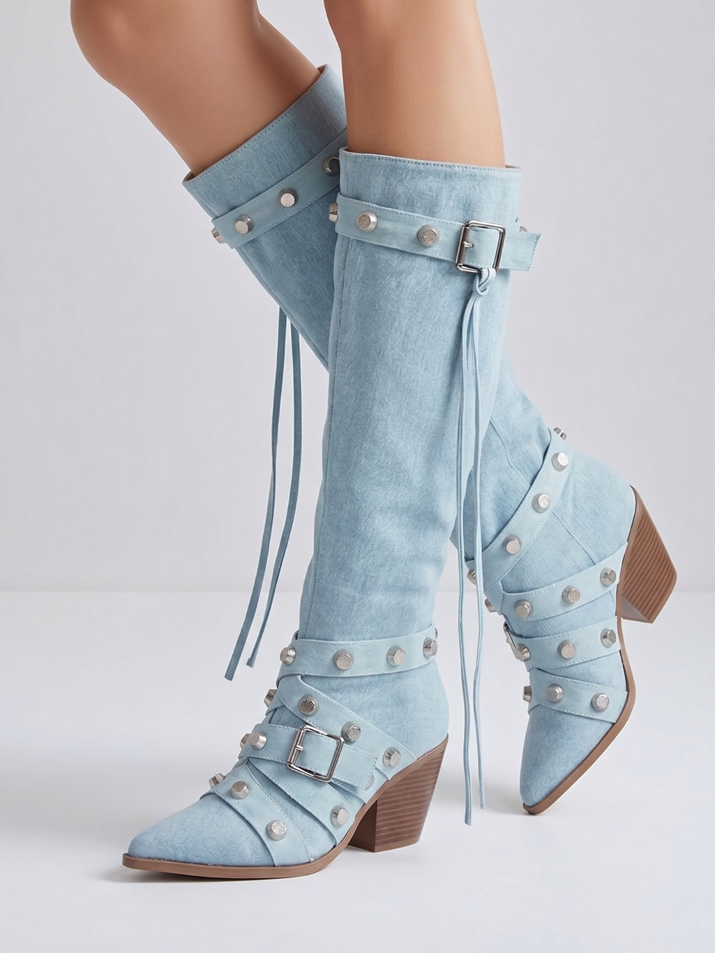 Nwot |Bata| Blue Denim Silver Studded Pointed Knee High Boots Size 7.5